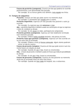Português para estrangeiros
9
Futuro do pretérito (composto). Enuncia um fato que poderia ter ocorrido
posteriormente a um determinado fato passado.
Por exemplo: Se eu tivesse ganho esse dinheiro, teria viajado nas férias.
II. Tempos do subjuntivo
Presente. Enuncia um fato que pode ocorrer no momento atual.
Por exemplo: É conviniente que estudes para o exame.
Pretérito imperfeito. Expressa um fato passado mas posterior a outro já
ocorrido.
Por exemplo: Eu esperava que ele vencesse o jogo.
obs.: o pretérito imperfeito é também usado nas construções em que se expressa
a ideia de condição ou desejo.
Por exemplo: Se ele viesse ao clube, participaria do campeonato.
Pretérito perfeito (composto). Expressa um fato totalmente terminado
num momento passado.
Por exemplo: Embora tenha estudado bastante, não passou no teste.
Pretérito mais-que-perfeito (composto). Expressa um fato ocorrido an-
tes de outro fato já terminado.
Por exemplo: Embora o teste já tivesse começado, alguns alunos puderam
entrar na sala de exames.
Futuro do presente (simples). Enuncia um fato que pode ocorrer num mo-
mento futuro em relação ao atual.
Por exemplo: Quando ele vier à loja, levará as encomendas.
Obs.: o futuro do presente é também usado em frases que indicam possibilidade
ou desejo.
Por exemplo: Se ele vier à loja, levará as encomendas.
Futuro do presente (composto). Enuncia um fato posterior ao momento
atual mas já terminado antes de outro fato futuro.
Por exemplo: Quando ele tiver saído do hospital, nós o visitaremos.
 
