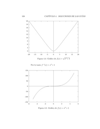 108                                     CAP´
                                           ITULO 4. SOLUCIONES DE LAS GU´
                                                                        IAS

       20

       18

       16

       14

       12

       10

        8

        6

        4

        2

         -20         -15          -10        -5   0     5           10       15   20
                                                                √
                            Figura 4.4: Gr´ﬁco de f (x) =
                                          a                         x2 + 4


                  Por lo tanto f −1 (x) = x3 + 1

      150


      100


       50


        0


       -50


      -100


      -150
             -6            -4           -2        0         2            4        6

                                Figura 4.5: Gr´ﬁco de f (x) = x3 + 1
                                              a
 