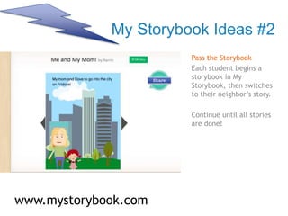 My Storybook Ideas #2
Pass the Storybook
Each student begins a
storybook in My
Storybook, then switches
to their neighbor’s story.
Continue until all stories
are done!
www.mystorybook.com
 