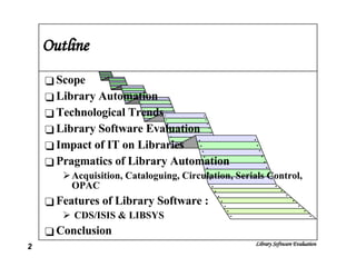 Outline Scope Library Automation Technological Trends Library Software Evaluation Impact of IT on Libraries Pragmatics of Library Automation Acquisition, Cataloguing, Circulation, Serials Control, OPAC Features of Library Software : CDS/ISIS & LIBSYS Conclusion 