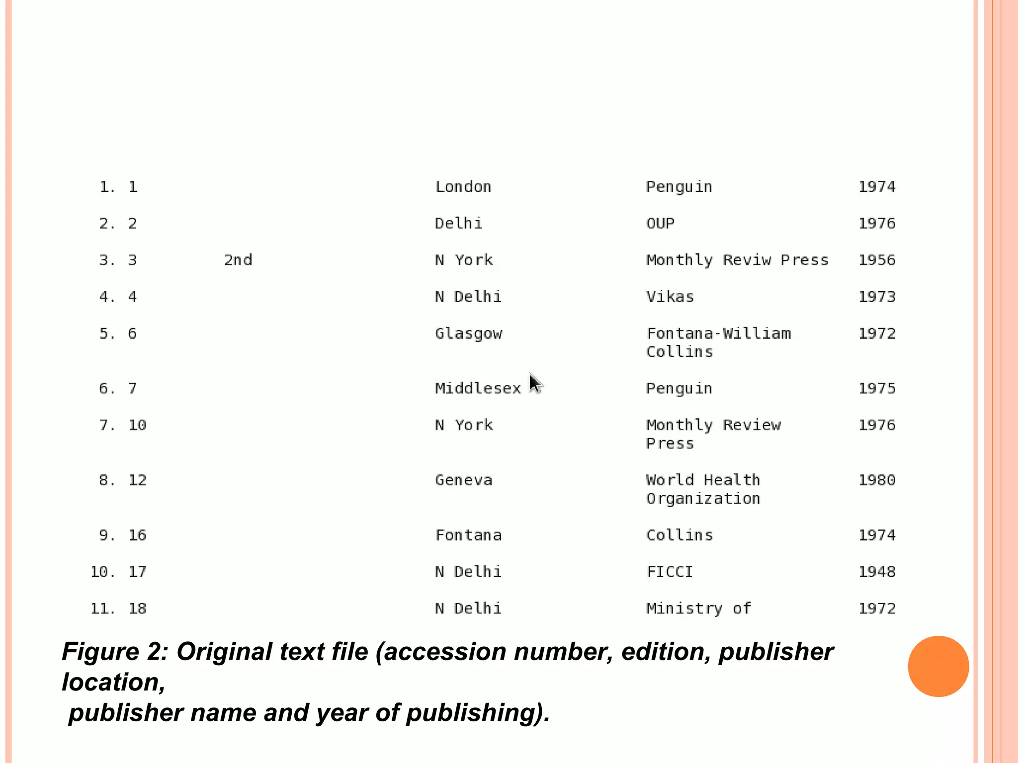 Figure 2: Original text file (accession number, edition, publisher
location,
publisher name and year of publishing).
 