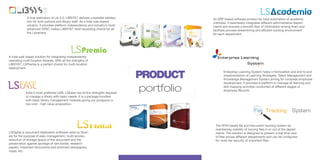 A true realization of Lib 2.0, LIBSYS7 delivers unparallel satisfac-
                                                                                                                                    LS
                                                                                                 An ERP based software product for total automation of academic
             tion for both patrons and library staff. As a total web-based                       institutes. It seamlessly integrates different administrative depart-
             solution, it provides platform independence and industry’s most                     ments and ensures a smooth flow of information among them and
             advanced OPAC makes LIBSYS7 most rewarding choice for all                           facilitate process streamlining and efficient working environment
             the Librarians.                                                                     for each department.




                                               LSPremia
A total web based solution for integrating independently                                            Enterprise Learning
operating multi-location libraries. With all the strengths of
LIBSYS7, LSPremia is a perfect choice for multi-location                                                          System
deployment.

                                                                                    PRODUCT
                                                                                                        Enterprise Learning System helps in formulation and end to end
                                                                                                        implementation of Learning Strategies, Talent Management and
                                                                                                        Knowledge Management System aiming for complete employee

LS           India's most preferred LMS, LSEase has all the strengths required
                                                                                     portfolio
                                                                                                        development. It provides a platform to manage all learning and
                                                                                                        skill mapping activities conducted at different stages of
                                                                                                        employee lifecycle.
             to manage a library with basic needs. It is a package bundled
             with basic library management modules giving our prospects a
             low cost - high value proposition.

                                                                                                                               File Tracking                System

                                                                                                  The RFID based file and document tracking system for
                                                                                                  maintaining visibility of moving files in or out of the depart-
LSDigital is document digitization software used by librar-                                       ments. The solution is designed to present a real time view
ies for the purpose of easy management, multi-access,                                             of files across different departments and can be configured
reduction of storage space of the document and the                                                for multi-tier security of important files.
preservation against spoilage of rare books, research
papers, important documents and archived newspapers,
maps, etc.
 