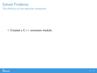 Solved Problems
The eﬃciency of the optimizer component
Created a C++ extension module.
27 / 34
 