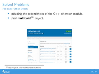 Solved Problems
Pre-built Python wheels
Including the dependencies of the C++ extension module.
Used multibuild10
project.
10
https://github.com/matthew-brett/multibuild
28 / 34
 