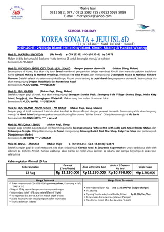 Merlys tour
0811 5911 077 / 0812 5583 755 / 0853 5089 5088
E-mail : merlystour@yahoo.com
SSCCHHOOOOLL HHOOLLIIDDAAYY
(Jeju Island - Nami Island – Seoul)
HIGHLIGHT: 2N@Jeju Island, Hello Kitty Island, Kimchi Making & Hanbok Wearing
Hari 01: JAKARTA – INCHEON (No Meal)  CGK (2315) – ICN (08.30+1) by GA878
Malam ini kita berkumpul di Soekarno-Hatta terminal 2E untuk berangkat menuju ke Incheon
Bermalam di PESAWAT
Hari 02: INCHEON – SEOUL CITY TOUR - JEJU ISLAND dengan pesawat domestik (Makan Siang, Malam)
Sesampainya di Korea, kita akan city tour Seoul menikmati pengamalan belajar membuat Kimchi dan mencoba pakaian tradisional
Korea (Kimchi Making & Hanbok Wearing), melewati The Blue House, dan mengunjungi Gyeongbok Palace & National Folklore
Museum. Setelah selesai kita akan menuju ke Gimpo Airport untuk terbang ke Jeju Island dengan pesawat domestik. Sesampainya kita
akan mengunjungi Dragon Head Rock dan Mysterious Road
Bermalam di M JEJU HOTEL ****/SETARAF
Hari 03: JEJU ISLAND (Makan Pagi, Siang, Malam)
Setelah sarapan pagi di hotel, kita akan mengunjungi Seongsan Sunrise Peak, Seongeup Folk Village (Honey Shop), Hello Kitty
Island, Seopjicoji, dan Cheongjeyeon Waterfall. Makan siang dan malam di restoran lokal.
Bermalam di M JEJU HOTEL ****/SETARAF
Hari 04: JEJU ISLAND –NAMI ISLAND - MT SORAK (Makan Pagi, Siang, Malam)
Sarapan pagi di local restaurant. Lalu kita akan kembali ke Gimpo Airport dengan pesawat domestik. Sesampainya kita akan langsung
menuju ke Nami Island yang merupakan tempat shooting film drama “Winter Sonata”. Dilanjutkan menuju ke Mt Sorak
Bermalam di DELPINO HOTEL **** / setaraf
Hari 05: MT SORAK - SEOUL (Makan Pagi, Siang)
Sarapan pagi di hotel. Lalu kita akan city tour mengunjungi Gwongeumsung Fortress Hill (with cable car), Great Bronze Statue, dan
Sinheungsa Temple. Dilanjutkan menuju ke Seoul mengunjungi Ginseng Outlet, Red Pine Shop, Duty Free Shop dan berbelanja di
Dongdaemun Market
Bermalam di IBC HOTEL *** / SETARAF
Hari 06: SEOUL - JAKARTA (Makan Pagi)  ICN (10.35) – CGK (15.30) by GA879
Setelah sarapan pagi di local restaurant, kita akan shopping di Korean Food & Souvernir Supermarket untuk berbelanja oleh-oleh
sebelum ke Incheon Airport. Sampai waktunya akan diantar ke hotel untuk kembali ke Jakarta, dan sampai berjumpa di acara tour
selanjutnya
KeberangkatanMinimal 15 Pax
Keberangkatan
Dewasa
(Twin/Triple)
Anak with Extra Bed
Anak + 2 Dewasa
No Bed
Single Supp
12 Aug Rp 12.290.000 Rp 11.290.000 Rp 10.790.000 +Rp 2.700.000
Harga Termasuk Harga Tidak Termasuk
 Tiket International CGK-ICN-CGKbyAsiana Airlines, Economy + INTL
TAXES + YQ
Bagasi 20 Kg sesuaidenganperaturanpenerbangan
Akomodasi hotel *4/3 atau setaraf (Twin/ Triple)
Transportasi bus ber-AC& tiket masuk objekwisata
Acara Tour & makan sesuai programpaket tour diatas
Tour Leader dari Jakarta
• International Tax + YQ : Rp 1.150.000/Pax (subj to change)
• Visa Korea
• TippingTour Leader, Local Guide, Driver : Rp99.000/Pax/Day
• PengurusanDocument perjalanan:Passport
• Tips Porter Hotel, Mini Bar, Laundry, Telpdll.
 
