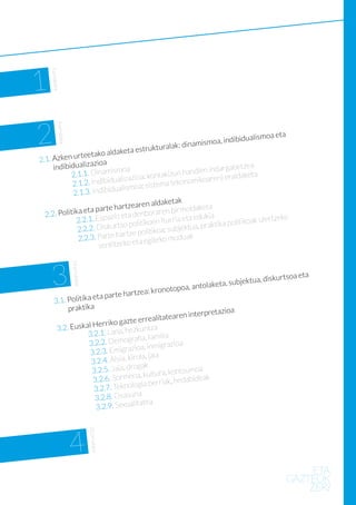 1
    7.orrialdea




2
            9.orrialdea




                                                                                                                    a	
                                                                                                     ualismoa et
                                                                             k: dinamismoa, indibid
                                aketa                           estrukturala
                rteetako ald
2.1. Azken u            ioa
                     az
        indibidualiz                                                 argabetzea
              2.1.1. Dinam
                              ismoa                      handien ind
	                              ualizazio a: kontakizun mikoaren) eraldaketa
              2.1.2. Indibid              : sistema (eko
                                                         no
 	
               2.1.3. In dibidualismoa
  	
                                                daketak
                                 artzearen al         irmoldaketa
    2.2. Politik a eta parte h         enboraren b
                2.2.1. E spazio eta d                  a eta edukia               ulertzeko 		
    	                                  litikoen iturri              ka politikoak
                2.2.2 . Diskurtso po litikoa: subjektua, prakti
     	                          hartze po
                2.2.3. Parte               egiteko mod
                                                         uak
      	
                         se ntitzeko eta
                          19.orrialdea




     3                                                  arte hartzea
                                                                    : kronotopoa, anto
                                                                                       laketa, su  bjektua, disku
                                                                                                                 rtsoa eta

                      eta p
        3.1. Politika
             praktika	                                                                      zioa
                                                               interpreta
                                                  alitatearen
                          erri ko gazte erre
            3.2. Euskal H            hezkuntza
                      3.2.1. Lana,                     a
            	
                      3.2.2. Dem    ografia, famili oa
             	                         zioa  , inmigrazi
              	       3.2.3. Emigra           , jaia
                       3.2.4 . Aisia, kirola
               	                     drogak
                        3.2.5. Jaia,                       ntsumoa
                	                         a, kultura, ko
                        3.2.6. Sormen                    , hedabideak
                 	                      ogia berriak
                  	     3.2.7. Teknol
                                        na
                   	     3.2.8. Osasu
                                         itatea
                    	    3.2.9. Sexual
                                         33.orrialdea




                          4
 