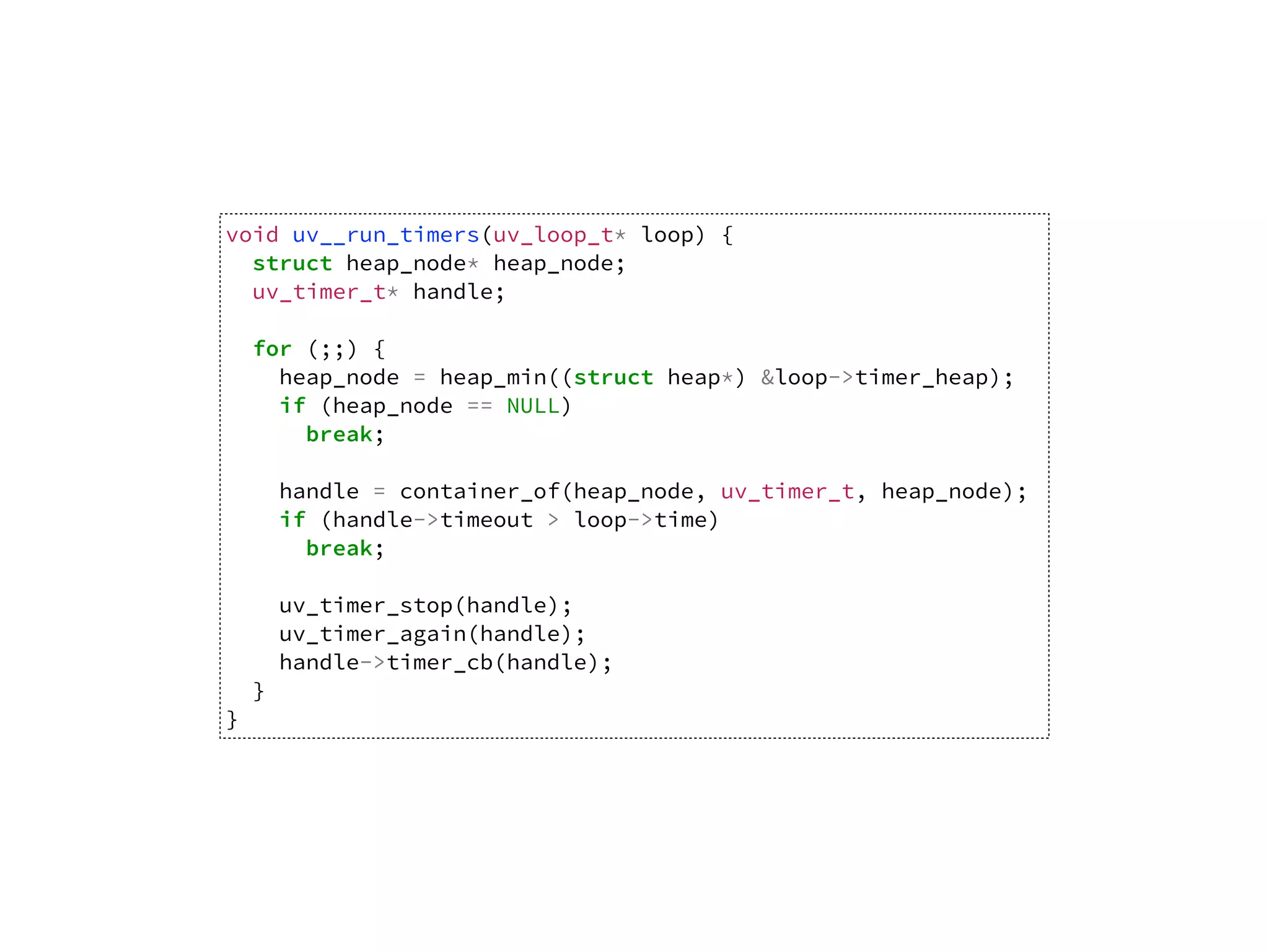 void uv__run_timers(uv_loop_t* loop) {
struct heap_node* heap_node;
uv_timer_t* handle;
for (;;) {
heap_node = heap_min((struct heap*) &loop->timer_heap);
if (heap_node == NULL)
break;
handle = container_of(heap_node, uv_timer_t, heap_node);
if (handle->timeout > loop->time)
break;
uv_timer_stop(handle);
uv_timer_again(handle);
handle->timer_cb(handle);
}
}
 