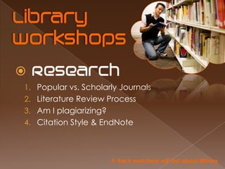 
1. Popular vs. Scholarly Journals
2. Literature Review Process
3. Am I plagiarizing?
4. Citation Style & EndNote



                         Each workshop will last about 40mins
 