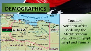Location: 
Northern Africa, 
bordering the 
Mediterranean 
Sea, between Egypt 
Egypt and Tunisia 
DEMOGRAPHICS 
 