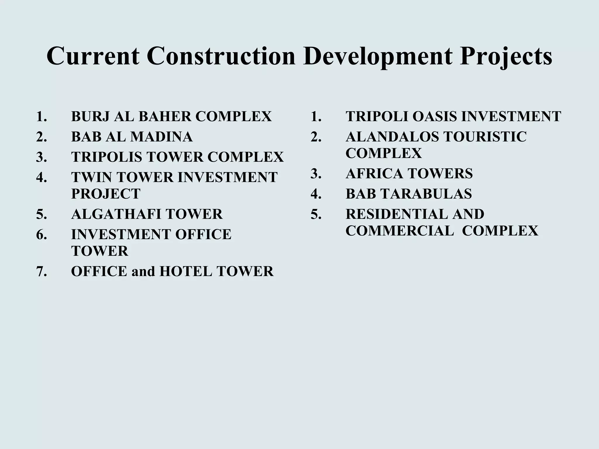 Current Construction Development Projects BURJ AL BAHER COMPLEX BAB AL MADINA TRIPOLIS TOWER COMPLEX TWIN TOWER INVESTMENT PROJECT ALGATHAFI TOWER INVESTMENT OFFICE TOWER OFFICE and HOTEL TOWER TRIPOLI OASIS INVESTMENT ALANDALOS TOURISTIC COMPLEX AFRICA TOWERS BAB TARABULAS RESIDENTIAL AND  COMMERCIAL  COMPLEX 