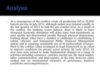 As a consequence of the conflict, crude oil production fell to 22,000 
barrels per day in July 2011, although output was restored rapidly in 
the last quarter of 2011 to half the pre-conflict level. As a result of 
the conflict, the banking sector balance sheet is likely to have 
worsened. Economic disruption will delay some loan repayments, as 
asset quality has deteriorated (mostly through physical destruction). 
Looking ahead, Libya faces a number of challenges to establishing a 
robust, efficient, and transparent Public Financial Management 
system and to ensuring sustainable use of its hydrocarbon revenues. 
Prior to the conflict, Libya revamped its legal framework in an effort 
to improve conditions for private-sector activity. By early 2010, 22 
new laws were passed to make fundamental changes to a range of 
activities including commerce, customs, income tax, the stock market, 
labor, communication, and land registry. At the time, however, Libya 
ranked low on international measures of governance, business 
conditions, and competitiveness. 
 