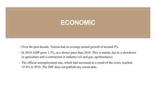 ECONOMIC
◦ Over the past decade, Tunisia had an average annual growth of around 5%.
◦ In 2019, GDP grew 1.5%, at a slower pace than 2018. This is mainly due to a slowdown
in agriculture and a contraction in industry (oil and gas, agrobusiness).
◦ The official unemployment rate, which had increased as a result of the crisis, reached
15.4% in 2018. The IMF does not publish any recent data.
 
