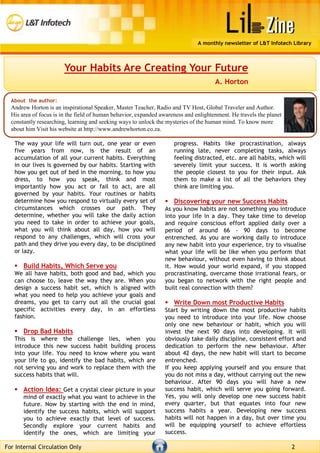 A monthly newsletter of L&T Infotech Library
For Internal Circulation Only 2
Your Habits Are Creating Your Future
A. Horto...