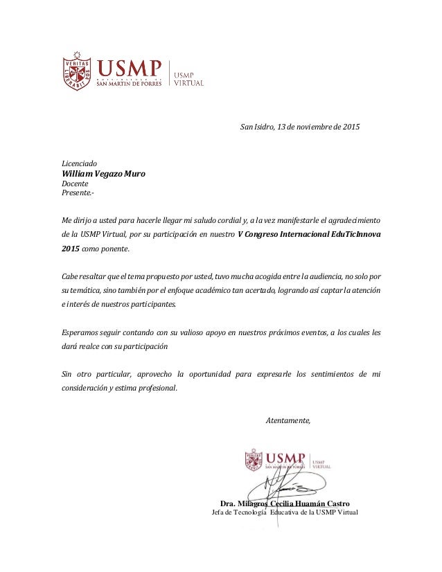 USMP Carta de agradecimiento