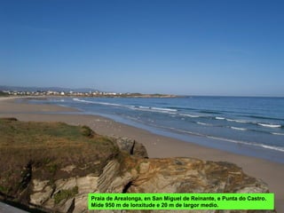 Praia de Arealonga, en San Miguel de Reinante, e Punta do Castro.
Mide 950 m de lonxitude e 20 m de largor medio.
 
