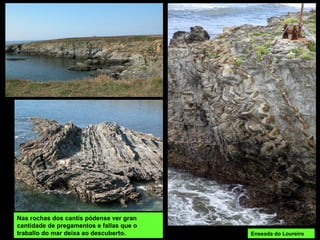 Nas rochas dos cantís pódense ver gran
cantidade de pregamentos e fallas que o
traballo do mar deixa ao descuberto. Enseada do Loureiro
 