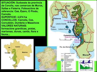 SITUACIÓN: Sudoeste da provincia
da Coruña, nas comarcas de Muros,
Xallas e Fisterra. Poboacións de
referencia: Cee, Ézaro, O Pindo,
Carnota.
SUPERFICIE: 4.674 ha
CONCELLOS: Carnota, Cee,
Corcubión, Dumbría e Mazaricos
VALORES NATURAIS:
formacións graníticas, praias,
marismas, dunas, cantís, flora e
fauna...
 