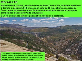 O río Xallas, neste espazo, encáixase no tramo final,
entre o Pindo e os montes de Buxantes e, nos últimos
metros, salva un grande desnivel e cae ao mar na ría
de Ézaro nunha fervenza única en Europa.
RÍO XALLAS
Nace no Monte Castelo, percorre terras de Santa Comba, Zas, Dumbría, Mazaricos
e Carnota e, depois de 64,5 km cae nun salto de 30 m de altura na enseada de
Ézaro. Antes da desembocadura forma un abrupto canón escavado nos duros
granitos dos macizos do Pindo e Buxantes.
É un río dun grande interese paisaxístico, xeolóxico e ecolóxico.
 