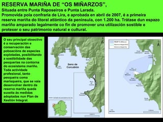 O seu principal obxectivo
é a recuperación e
conservación das
poboacións de especies
explotadas, posibilitando
a sostibilidade das
pesquerías na contorna
do ecosistema mariño.
Toda actividade
profesional, tanto
pesqueira coma
marisqueira, que se vaia
desenvolver dentro da
reserva mariña queda
suxeita ás medidas
adoptadas nun Plan de
Xestión Integral.
RESERVA MARIÑA DE “OS MIÑARZOS”,
Situada entre Punta Raposeiros e Punta Larada.
Promovida pola confraría de Lira, e aprobada en abril de 2007, é a primeira
reserva mariña do litoral atlántico da península, con 1.200 ha. Trátase dun espazo
mariño amparado legalmente co fin de promover una utilización sostible e
protexer o seu patrimonio natural e cultural.
 