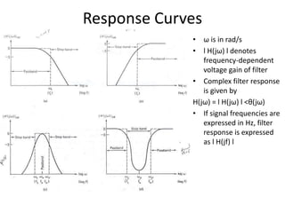 Response Curves
• ω is in rad/s
• l H(jω) l denotes
frequency-dependent
voltage gain of filter
• Complex filter response
is given by
H(jω) = l H(jω) l <θ(jω)
• If signal frequencies are
expressed in Hz, filter
response is expressed
as l H(jf) l
Operational Amplifiers and Linear
Integrated Circuits: Theory and Applications
by Denton J. Dailey
 