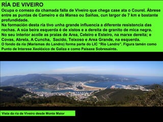 Vista da ría de Viveiro desde Monte Maior
RÍA DE VIVEIRO
Ocupa o comezo da chamada falla de Viveiro que chega case ata o Courel. Ábrese
entre as puntas de Cameiro e da Mansa ou Saíñas, cun largor de 7 km e bastante
profundidade.
Na formación desta ría tivo unha grande influencia a diferente resistencia das
rochas. A súa beira esquerda é de xistos e a dereita de granito de mica negra.
No seu interior acolle as praias de Area, Celeiro e Esteiro, na marxe dereita; e
Covas, Abrela, A Cuncha, Sacido, Teixoso e Area Grande, na esquerda.
O fondo da ría (Marismas do Landro) forma parte do LIC “Río Landro”. Figura tamén como
Punto de Interese Xeolóxico de Galiza e como Paisaxe Sobresaínte.
 
