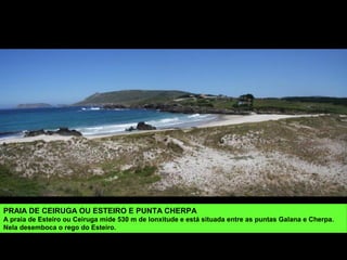 PRAIA DE CEIRUGA OU ESTEIRO E PUNTA CHERPA
A praia de Esteiro ou Ceiruga mide 530 m de lonxitude e está situada entre as puntas Galana e Cherpa.
Nela desemboca o rego do Esteiro.
 