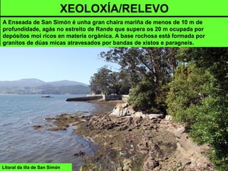 Litoral da illa de San Simón
XEOLOXÍA/RELEVO
A Enseada de San Simón é unha gran chaira mariña de menos de 10 m de
profundidade, agás no estreito de Rande que supera os 20 m ocupada por
depósitos moi ricos en materia orgánica. A base rochosa está formada por
granitos de dúas micas atravesados por bandas de xistos e paragneis.
 