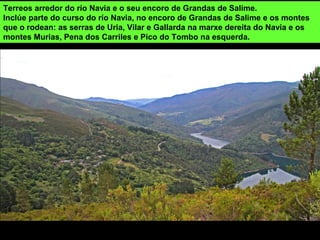 Terreos arredor do río Navia e o seu encoro de Grandas de Salime.
Inclúe parte do curso do río Navia, no encoro de Grandas de Salime e os montes
que o rodean: as serras de Uria, Vilar e Gallarda na marxe dereita do Navia e os
montes Murias, Pena dos Carriles e Pico do Tombo na esquerda.
 