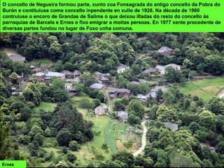 Ernes
O concello de Negueira formou parte, xunto coa Fonsagrada do antigo concello da Pobra do
Burón e contituíuse como concello inpendente en xullo de 1928. Na década de 1960
contruíuse o encoro de Grandas de Salime o que deixou illadas do resto do concello ás
parroquias de Barcela e Ernes e fixo emigrar a moitas persoas. En 1977 xente procedente de
diversas partes fundou no lugar de Foxo unha comuna.
 
