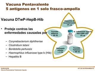 Vacuna Pentavalente 5 antígenos en 1 solo frasco-ampolla Vacuna DTwP-HepB-Hib   Proteje contras las enfermedades causadas por Corynebacterium diphtheriae Clostridium tetani Bordetella pertussis Haemophilus influenzae  type b (Hib) Hepatitis B KIT DE ENTRENAMIENTO Hepatitis B recombinante 10   g Toxoide Diferico    30 IU H. influenzae  type B Hib-CRM-197 10   g Toxoide Tetanico    60 IU Pertussis celular    4 IU 