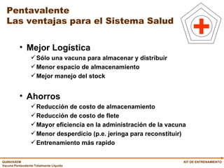 Pentavalente Las ventajas para el Sistema Salud KIT DE ENTRENAMIENTO Mejor Logística Sólo una vacuna para almacenar y distribuir Menor espacio de almacenamiento  Mejor manejo del stock  Ahorros Reducción de costo de almacenamiento Reducción de costo de flete Mayor eficiencia en la administración de la vacuna Menor desperdicio (p.e. jeringa para reconstituir) Entrenamiento más rapido 