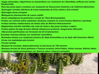 -Augas estancadas, oligotróficas ou mesotróficas con vexetación de Littorelletea uniflorae e/ou Isoeto-
Nanojuncetea
-Ríos dos pisos basal a montano con vexetación de Ranunculion fluitantis e de Callitricho-Batrachion
-Queirogais húmidos atlánticos de zonas temperadas de Erica ciliaris e Erica tetralix
-Queirogais secos europeos
-Matogueiras arborescentes de Laurus nobilis
-Zonas subestépicas de gramíneas e anuais do Thero-Brachypodietea
-Prados con molinias sobre substratos calcáreos, turbosos ou arxilo-limosos (Molinion caeruleae)
-Prados húmidos mediterráneos de herbas altas do Molinion-Holoschoenion
-Megaforbios eutrofos hidrófilos das orlas de chaira e dos pisos montano a alpino
-Prados pobres de sega de baixa altitude (Alopecurus pratensis, Sanguisorba officinalis)
--Mananciais petrificantes con formación de tuf (Cratoneurion)
Encostas rochosas silíceas con vexetación casmofítica
-Rochedos silíceos con vexetación pioneira do Sedo-Scleranthion ou do Sedo albi-Veronicion dillenii
-Covas non explotadas polo turismo
-Furnas mariñas
-Bosques de encostas, desprendementos ou barrancos do Tilio-Acerion
-Bosques aluviais de Alnus glutinosa e Fraxinus excelsior (Alno-Padion, Alnion incanae, Salicion albae)
-Carballeiras galaico-portugueses con Quercus robur e Quercus pyrenaica
 