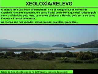 XEOLOXÍA/RELEVO
O espazo ten dúas áreas diferenciadas: a ría de Ortigueira, cos montes da
Capelada na marxe esquerda, e o curso fluvial do río Mera, que está rodeado pola
serra da Faladoira polo leste, os montes Vilalbesa e Marván, polo sur; e os cotos
Fincova e Francoi polo oeste.
As rochas son moi variadas: xistos, lousas, cuarcitas, granulitas...
Esteiro do Mera e banda oeste da ría de Ortigueira, coa serra da capelada
 