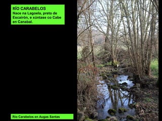 RÍO CARABELOS
Nace na Lagoela, preto de
Escairón, e xúntase co Cabe
en Canabal.
Río Carabelos en Augas Santas
 