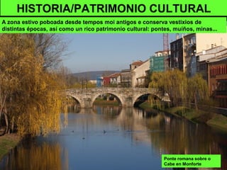 Ponte romana sobre o
Cabe en Monforte
HISTORIA/PATRIMONIO CULTURAL
A zona estivo poboada desde tempos moi antigos e conserva vestixios de
distintas épocas, así como un rico patrimonio cultural: pontes, muíños, minas...
 