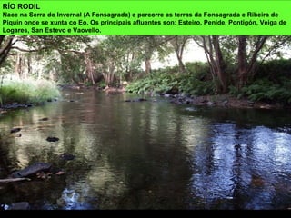 RÍO RODIL
Nace na Serra do Invernal (A Fonsagrada) e percorre as terras da Fonsagrada e Ribeira de
Piquín onde se xunta co Eo. Os principais afluentes son: Esteiro, Penide, Pontigón, Veiga de
Logares, San Estevo e Vaovello.
 