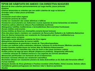 TIPOS DE HÁBITATS DO ANEXO I DA DIRECTIVA 92/43/CEE
-Bancos de area cubertos permanentemente por auga mariña, pouco profunda
-Esteiros
-Chairas lamacentas ou areentas que non están cubertos de auga na baixamar
-Grandes calas e baías pouco profundas
-Arrecifes
-Vexetación anual sobre argazos
-Vexetación perenne de coídos
-Cantís con vexetación das costas atlánticas e bálticas
-Vexetación anual pioneira con Salicornia e outras especies de zonas lamacentas ou areentas
-Pasteiros salinos atlánticos (Glauco-Puccinellietalia maritimae)
-Matogueiras halófilas mediterráneas e termoatlánticas (Sarcocornetea fructicosae)
-Dunas móbiles embrionarias
-Dunas móbiles de litoral con Ammophila arenaria (dunas brancas)
-Ríos dos pisos basal a montano con vexetación de Ranunculion fluitantis e de Callitricho-Batrachion
-Ríos de ribeiras lamacentas con vexetación de Chenopodion rubri p.p. e deBidention p.p.
-Queirogais secos europeos
-Queirogais secos atlánticos costeiros de Erica vagans
-Matogueiras arborescentes de Laurus nobilis
-Zonas subestépicas de gramíneas e anuais do Thero-Brachypodietea
-Prados con molinias sobre substratos calcáreos, turbosos ou arxilo-limosos (Molinion caeruleae)
-Prados húmidos mediterráneos de herbas altas do Molinion-Holoschoenion
-Megaforbios eutrofos hidrófilos das orlas de chaira e dos pisos montano a alpino
-Prados pobres de sega de baixa altitude (Alopecurus pratensis, Sanguisorba officinalis)
--Turbeiras calcarias do Cladium mariscus e con especies do Caricion davallianae
-Mananciais petrificantes con formación de tuf (Cratoneurion)
-Encostas rochosas silíceas con vexetación casmofítica
-Rochedos silíceos con vexetación pioneira do Sedo-Scleranthion ou do Sedo albi-Veronicion dillenii
-Furnas mariñas
-Bosques aluviais de Alnus glutinosa e Fraxinus excelsior (Alno-Padion, Alnion incanae, Salicion albae)
-Carballeiras galaico-portugueses con Quercus robur e Quercus pyrenaica
-Soutos
 