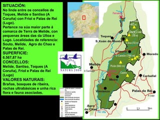 SITUACIÓN:
No linde entre os concellos de
Toques, Melide e Santiso (A
Coruña) con Friol e Palas de Rei
(Lugo).
Pertence na súa maior parte á
comarca de Terra de Melide, con
pequenas áreas das da Ulloa e
Lugo. Localidades de referencia:
Souto, Melide, Agro do Chao e
Palas de Rei.
SUPERFICIE:
6.567,87 ha
CONCELLOS:
Melide, Santiso, Toques (A
Coruña), Friol e Palas de Rei
(Lugo)
VALORES NATURAIS:
Brañas, bosques de ribeira,
rochas ultrabásicas e unha rica
flora e fauna asociadas.
 