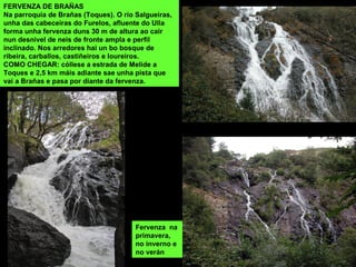 FERVENZA DE BRAÑAS
Na parroquia de Brañas (Toques). O río Salgueiras,
unha das cabeceiras do Furelos, afluente do Ulla
forma unha fervenza duns 30 m de altura ao cair
nun desnivel de neis de fronte ampla e perfil
inclinado. Nos arredores hai un bo bosque de
ribeira, carballos, castiñeiros e loureiros.
COMO CHEGAR: cóllese a estrada de Melide a
Toques e 2,5 km máis adiante sae unha pista que
vai a Brañas e pasa por diante da fervenza.
Fervenza na
primavera,
no inverno e
no verán
 