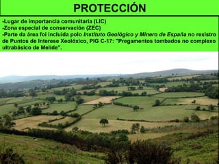 PROTECCIÓN
-Lugar de importancia comunitaria (LIC)
-Zona especial de conservación (ZEC)
-Parte da área foi incluída polo Instituto Geológico y Minero de España no rexistro
de Puntos de Interese Xeolóxico, PIG C-17: "Pregamentos tombados no complexo
ultrabásico de Melide".
 