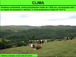 Pasteiros e bosques na aba oeste do Careón
CLIMA
Oceánico continental, cunha precipitación media de 1.629 mm, concentrada entre
os meses de decembro e febreiro, e unha temperatura media de 10,8 ºC.
 
