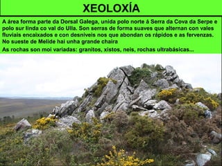 XEOLOXÍA
A área forma parte da Dorsal Galega, unida polo norte á Serra da Cova da Serpe e
polo sur linda co val do Ulla. Son serras de forma suaves que alternan con vales
fluviais encaixados e con desniveis nos que abondan os rápidos e as fervenzas.
No sueste de Melide hai unha grande chaira
As rochas son moi variadas: granitos, xistos, neis, rochas ultrabásicas...
 