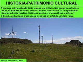 Mámoas no monte do Castro
HISTORIA-PATRIMONIO CULTURAL
A comarca estivo poboada deste tempos moi antigos. Nos cumes consérvanse
restos de mámoas e castros. Arredor dos ríos consérvanse un rico patrimonio
histórico-artístico (núcleos históricos, pontes...) e etnográficos (muíños...)
O Camiño de Santiago cruza a serra en dirección a Melide por dúas rutas.
 