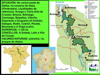 SITUACIÓN: No centro-oeste de
Galiza, na comarca do Deza,
(Pontevedra). Localidades de
referencia: Arnego e Toiriz (Vila de
Cruces); Brocos, Brántega,
Carmoega, Belpellos, Vilariño,
Esperante e Gurgueiro (A Golada);
Galegos, Rodís, Cadrón, Parada,
Muimenta e A Veiga (Lalín).
SUPERFICIE: 1.124 ha
CONCELLOS: A Golada, Lalín e Vila
de Cruces.
VALORES NATURAIS: sobreiral, río,
bosque de ribeira
 