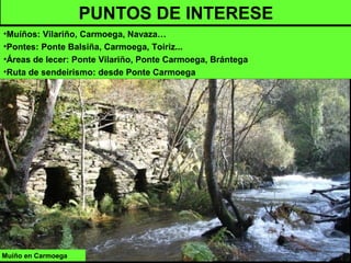 PUNTOS DE INTERESE
•Muíños: Vilariño, Carmoega, Navaza…
•Pontes: Ponte Balsiña, Carmoega, Toiriz...
•Áreas de lecer: Ponte Vilariño, Ponte Carmoega, Brántega
•Ruta de sendeirismo: desde Ponte Carmoega
Muíño en Carmoega
 
