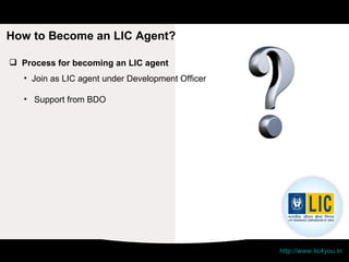 How to Become an LIC Agent? http://www.lic4you.in 12th standard pass Age 18 and above Process for becoming an LIC agent Join as LIC agent under Development Officer Support from BDO 