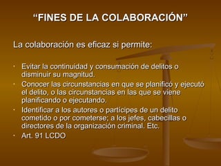 ““FINES DE LA COLABORACIÓN”FINES DE LA COLABORACIÓN”
La colaboración es eficaz si permite:La colaboración es eficaz si permite:
• Evitar la continuidad y consumación de delitos oEvitar la continuidad y consumación de delitos o
disminuir su magnitud.disminuir su magnitud.
• Conocer las circunstancias en que se planificó y ejecutóConocer las circunstancias en que se planificó y ejecutó
el delito, o las circunstancias en las que se vieneel delito, o las circunstancias en las que se viene
planificando o ejecutando.planificando o ejecutando.
• Identificar a los autores o partícipes de un delitoIdentificar a los autores o partícipes de un delito
cometido o por cometerse; a los jefes, cabecillas ocometido o por cometerse; a los jefes, cabecillas o
directores de la organización criminal. Etc.directores de la organización criminal. Etc.
• Art. 91 LCDOArt. 91 LCDO
 