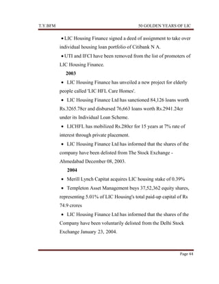 T.Y.BFM

50 GOLDEN YEARS OF LIC

LIC Housing Finance signed a deed of assignment to take over
individual housing loan portfolio of Citibank N A.
UTI and IFCI have been removed from the list of promoters of
LIC Housing Finance.
2003
LIC Housing Finance has unveiled a new project for elderly
people called 'LIC HFL Care Homes'.
LIC Housing Finance Ltd has sanctioned 84,126 loans worth
Rs.3265.78cr and disbursed 76,663 loans worth Rs.2941.24cr
under its Individual Loan Scheme.
LICHFL has mobilized Rs.280cr for 15 years at 7% rate of
interest through private placement.
LIC Housing Finance Ltd has informed that the shares of the
company have been delisted from The Stock Exchange Ahmedabad December 08, 2003.
2004
Merill Lynch Capitat acquires LIC housing stake of 0.39%
Templeton Asset Management buys 37,52,362 equity shares,
representing 5.01% of LIC Housing's total paid-up capital of Rs
74.9 crores
LIC Housing Finance Ltd has informed that the shares of the
Company have been voluntarily delisted from the Delhi Stock
Exchange January-23,-2004.

Page 44

 