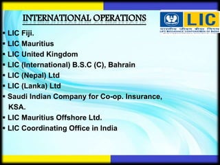  LIC Fiji.
 LIC Mauritius
 LIC United Kingdom
 LIC (International) B.S.C (C), Bahrain
 LIC (Nepal) Ltd
 LIC (Lanka) Ltd
 Saudi Indian Company for Co-op. Insurance,
KSA.
 LIC Mauritius Offshore Ltd.
 LIC Coordinating Office in India
 