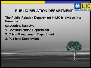 PUBLIC RELATION DEPARTMENT
The Public Relation Department in LIC is divided into
three major
categories. Namely:
1. Communication Department
2. Crisis Management Department
3. Publicity Department
 